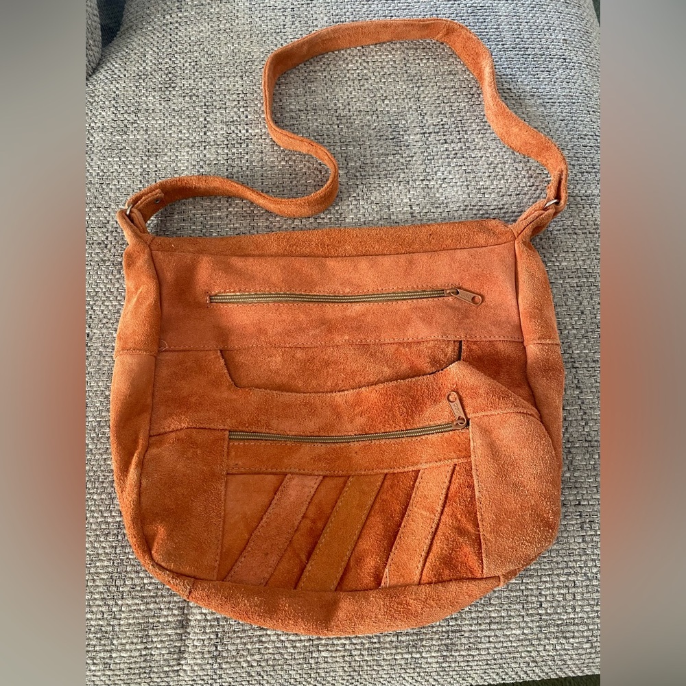 Large brown/orange Shoulder Tote Genuine Leather Suede zipper pockets handbag
